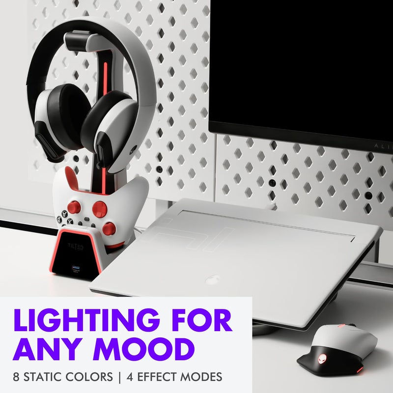 Tilted Nation RGB Headset and Controller Stand with Charging Station - for PlayStation or PC - PS4 / PS5 Controller Holder with Charger - Headphone and Game Controller Holder for Desk - White - Image 3