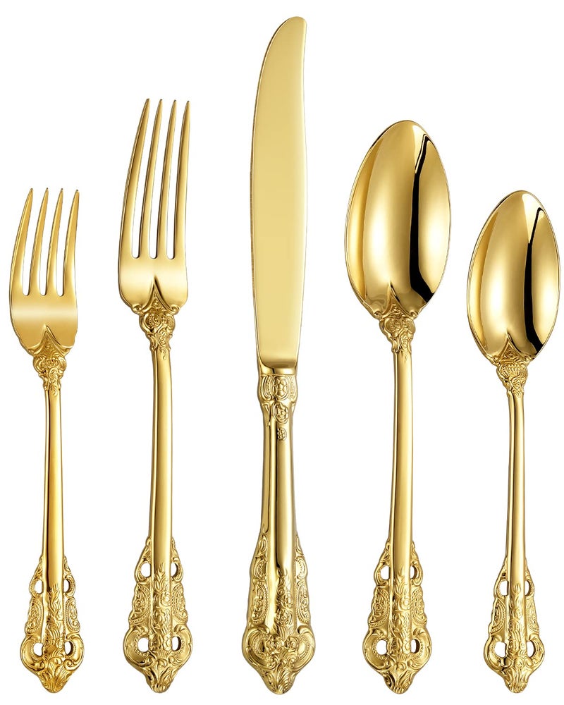 KEAWELL Luxury 20 Pieces 1810 Stainless Steel Flatware set Service for 4 silver plated with gold accents Fine Silverware set and Dishwasher Safe Gold