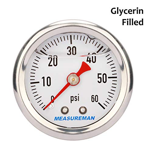 MEASUREMAN 1.5" Dial Size, 304 Stainless Steel case, Liquid Filled Fuel Pressure Gauge, 0-60Psi, 3-2-3%, 1/8" NPT Center Back Mount - Image 3