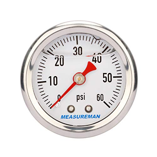 MEASUREMAN 1.5" Dial Size, 304 Stainless Steel case, Liquid Filled Fuel Pressure Gauge, 0-60Psi, 3-2-3%, 1/8" NPT Center Back Mount - Image 2