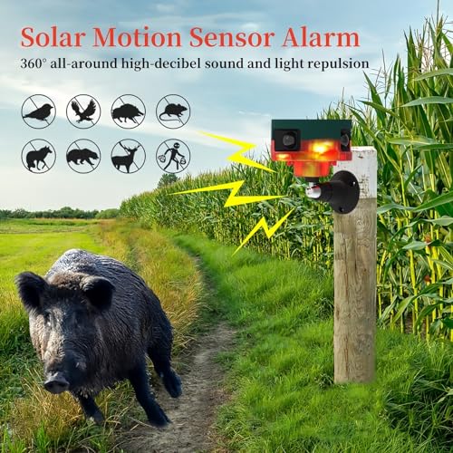 Lancoon Solar Motion Sensor Alarm Repellent 360°Motion Detector Loud Siren LED Flashing Light IP55 Waterproof with Remote High Volume Voice Recording for Farm Home Barn Yard - Image 2