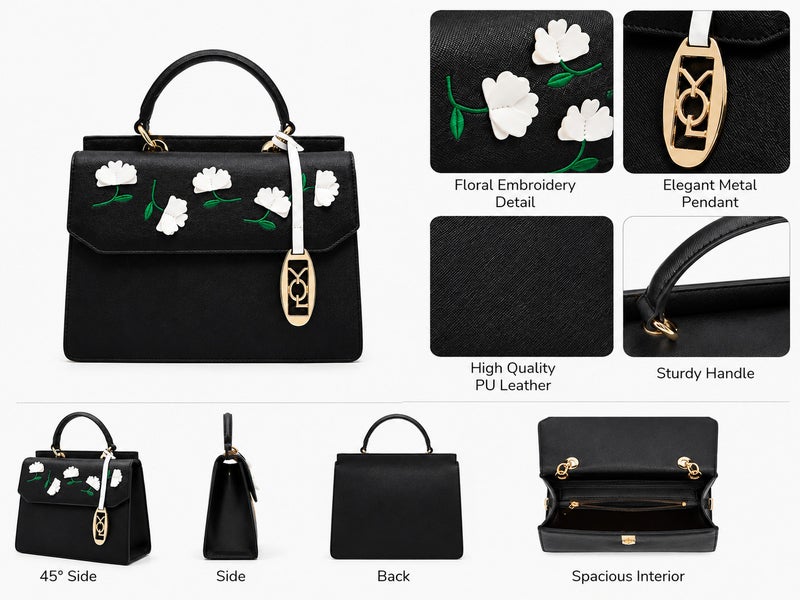 Women's Elegant Floral Embroidered Handbag with Adjustable Shoulder Strap - Image 2