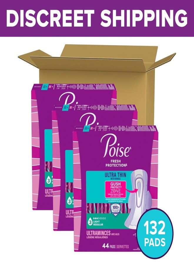 Poise Ultra Thin Incontinence & Postpartum Pads with Wings for Bladder Leaks, 3 Drop Light Absorbency, Regular Length, 132 Count (Packaging May Vary - Image 2