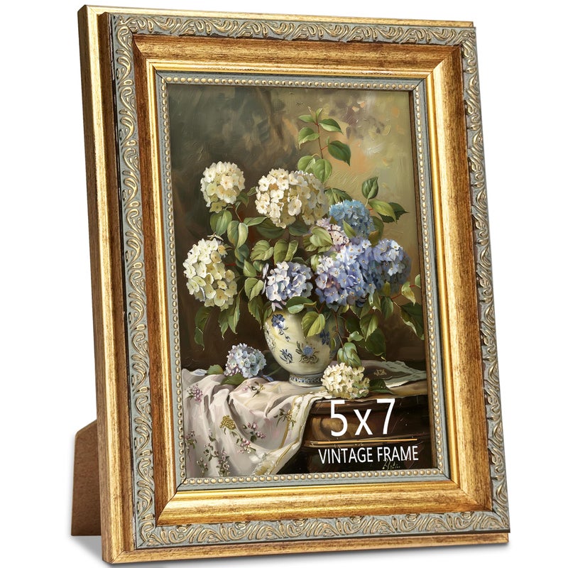 ASTRDECOR 5x7 Picture Frame, Ornate Vintage Gold Picture Frames with HD Glass for Wall Hanging and Tabletop Display, 5 x 7 Antique Photo Frame with Distressed Rust-Like Finish, Retro Home Decor - Image 1