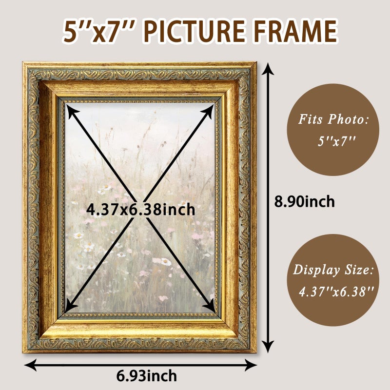 ASTRDECOR 5x7 Picture Frame, Ornate Vintage Gold Picture Frames with HD Glass for Wall Hanging and Tabletop Display, 5 x 7 Antique Photo Frame with Distressed Rust-Like Finish, Retro Home Decor - Image 2