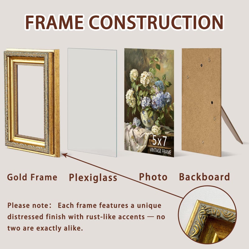 ASTRDECOR 5x7 Picture Frame, Ornate Vintage Gold Picture Frames with HD Glass for Wall Hanging and Tabletop Display, 5 x 7 Antique Photo Frame with Distressed Rust-Like Finish, Retro Home Decor - Image 3