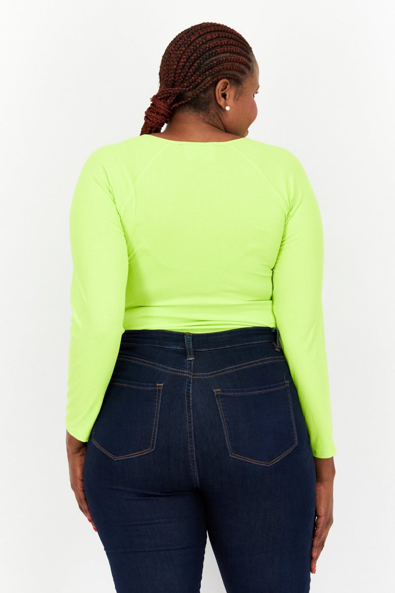 Nina Parker Women Plus Size Ribbed Long Sleeve Bodysuit, Lime Green  - Image 3