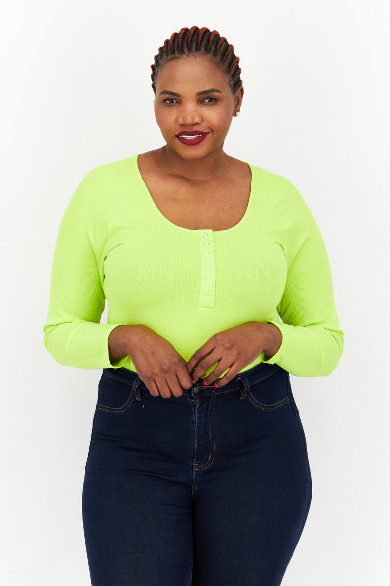 Nina Parker Women Plus Size Ribbed Long Sleeve Bodysuit, Lime Green  - Image 1
