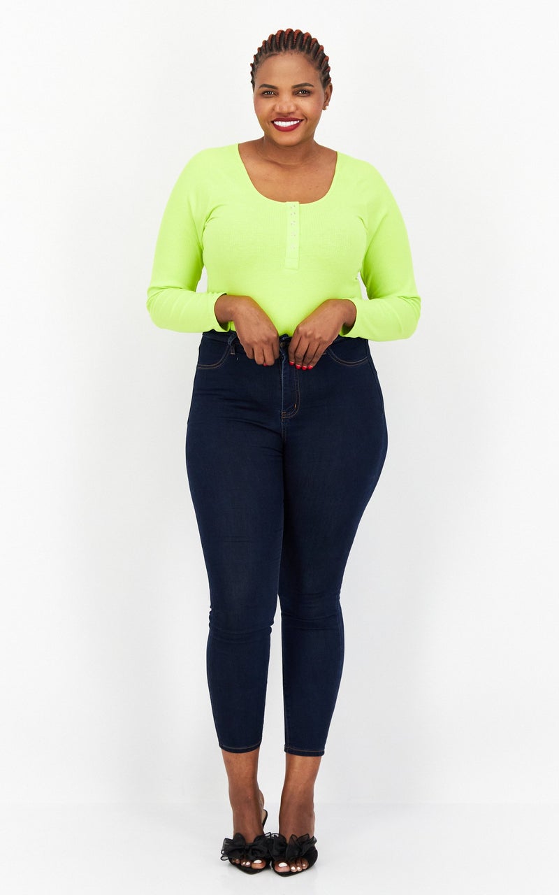 Nina Parker Women Plus Size Ribbed Long Sleeve Bodysuit, Lime Green  - Image 4