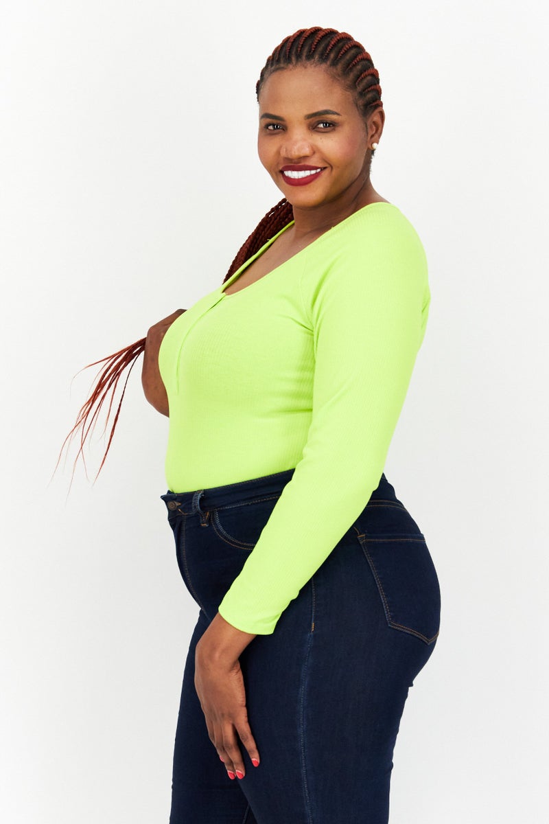 Nina Parker Women Plus Size Ribbed Long Sleeve Bodysuit, Lime Green  - Image 2