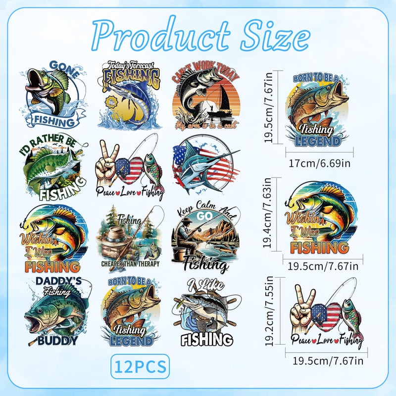 EoBeCy 12 Sheets Fishing Iron on Transfers for T-Shirts, Funny DTF Transfers Ready to Press Heat Transfers Vinyl, Iron on Patches Decals for Clothes Canvas Bag Hoodie Pillow Covers DIY Crafts - Image 2