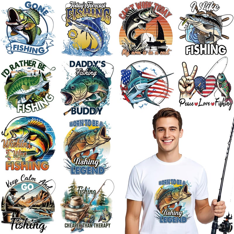 EoBeCy 12 Sheets Fishing Iron on Transfers for T-Shirts, Funny DTF Transfers Ready to Press Heat Transfers Vinyl, Iron on Patches Decals for Clothes Canvas Bag Hoodie Pillow Covers DIY Crafts - Image 1