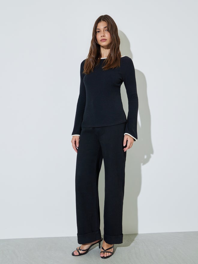 Styli Black Boat Neck Knit Top with Tipping Detail - Image 2
