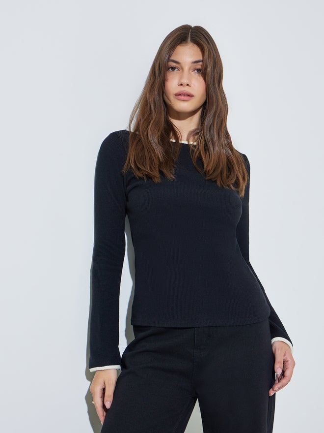 Styli Black Boat Neck Knit Top with Tipping Detail - Image 1