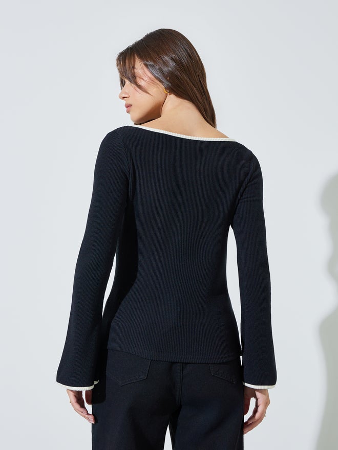 Styli Black Boat Neck Knit Top with Tipping Detail - Image 4