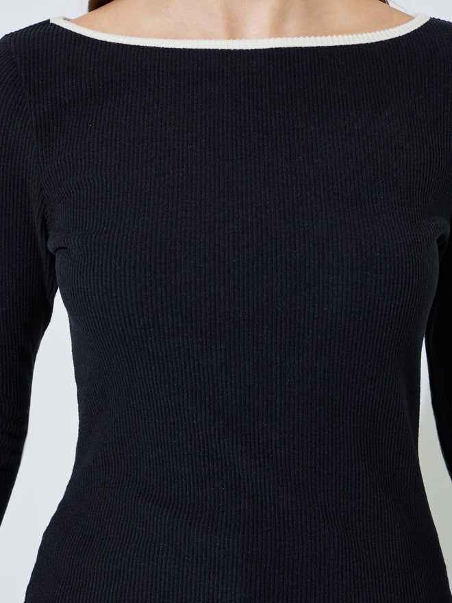 Styli Black Boat Neck Knit Top with Tipping Detail - Image 3