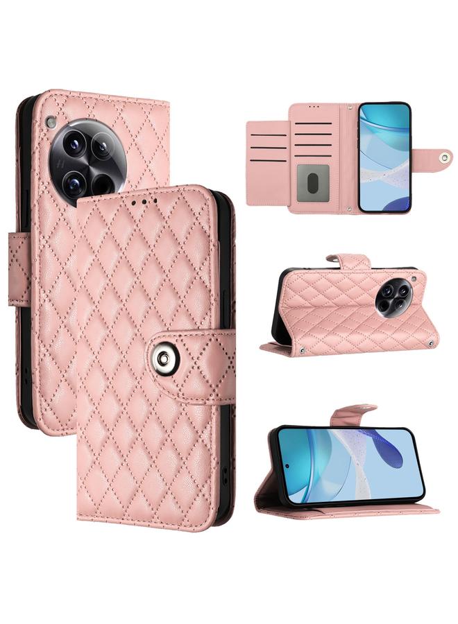 اس-توب جراب هاتف OnePlus 12 5G Global من الجلد القابل للطي ذو الملمس المعيني مع حبل - Image 1