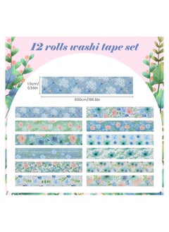 Excefore Blue Floral Washi Tape, 12 Rolls Watercolor Rose Washi Masking Tape 15 mm Flower Pattern Decorative Paper Sticker for Scrapbook Journal Supplies Planners DIY Crafts Card Making  - Image 5