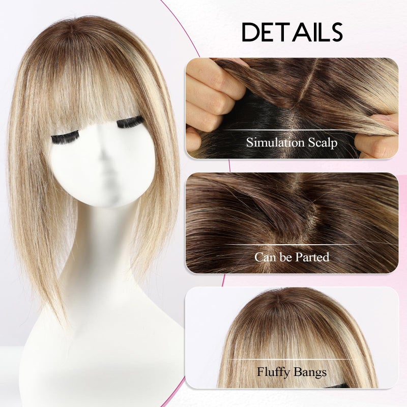 EMMOR Human Hair Toppers for Women with Thinning Hair with Bangs 12inch Skin Scalp 5"Ã—6" Big Base Cover Hair Loss Top Hairpieces Wiglets(Ombre Blonde with Highlight) - Image 3