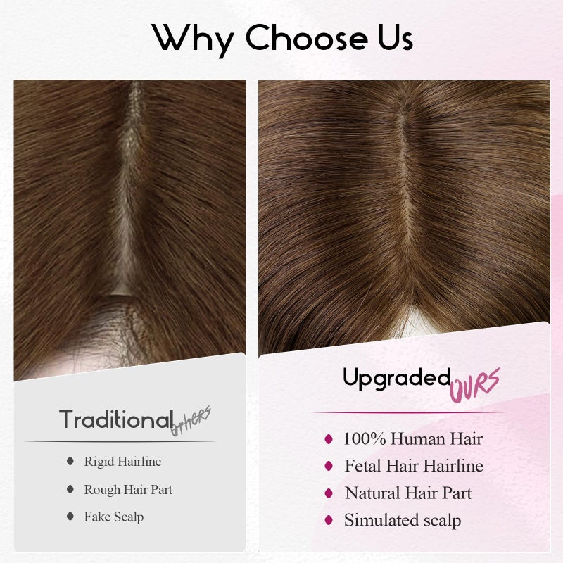 EMMOR Human Hair Toppers for Women with Thinning Hair with Bangs 12inch Skin Scalp 5"Ã—6" Big Base Cover Hair Loss Top Hairpieces Wiglets(Ombre Blonde with Highlight) - Image 5