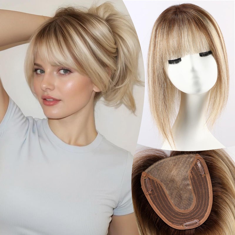 EMMOR Human Hair Toppers for Women with Thinning Hair with Bangs 12inch Skin Scalp 5"Ã—6" Big Base Cover Hair Loss Top Hairpieces Wiglets(Ombre Blonde with Highlight) - Image 1