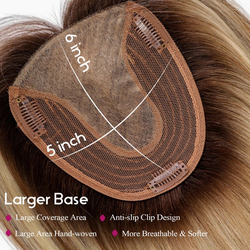 EMMOR Human Hair Toppers for Women with Thinning Hair with Bangs 12inch Skin Scalp 5"Ã—6" Big Base Cover Hair Loss Top Hairpieces Wiglets(Ombre Blonde with Highlight) - Image 4