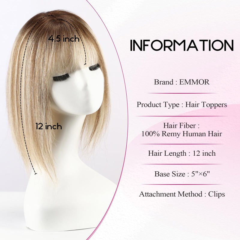 EMMOR Human Hair Toppers for Women with Thinning Hair with Bangs 12inch Skin Scalp 5"Ã—6" Big Base Cover Hair Loss Top Hairpieces Wiglets(Ombre Blonde with Highlight) - Image 2