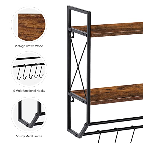 CADUKE Bathroom Towel Rack 2 Tier Wall Shelf with Towel Bar, Rustic Towel Rack with Shelf for Wall Storage Shelves with Hooks Over Toilet Shelf Wall Mounted Towel Holder Shelf Floating Shelves for Home Brown - Image 2