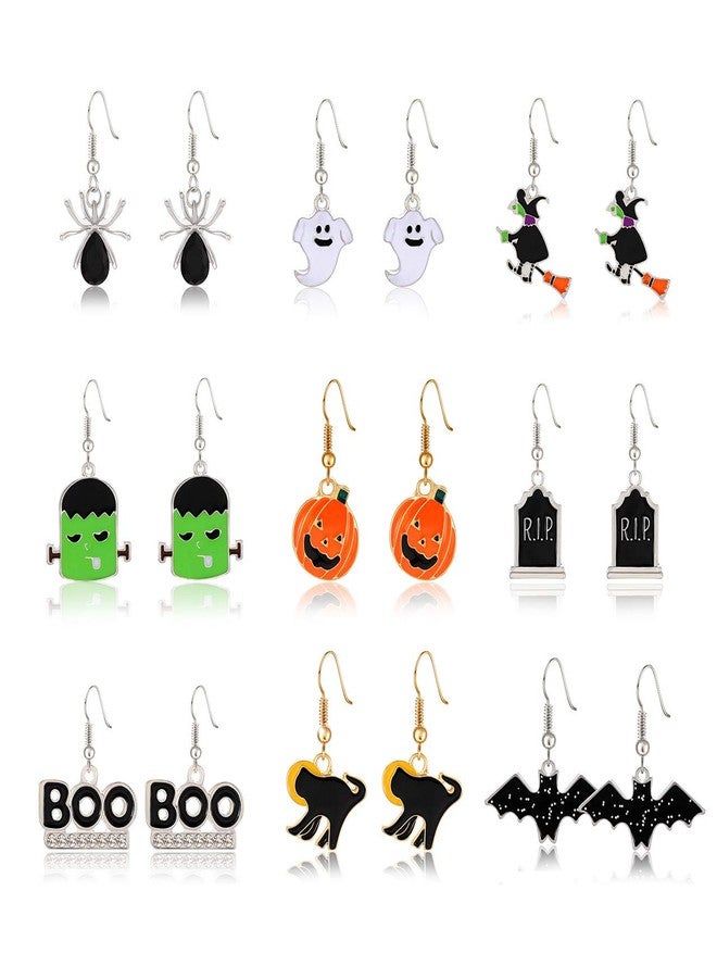 PHALIN Halloween Earrings for Women Ghost Spider Pumpkin Switch Cat Earrings Set for Party Costome (9 Pairs Halloween Drop) - Image 1