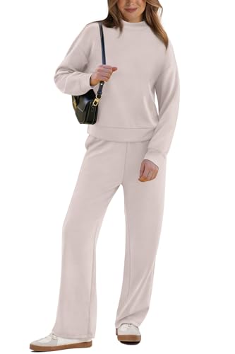 WIHOLL Two Piece Sets for Women - Khaki - Medium - Casual - Mock Neck Long Sleeve Top & Wide Leg Pants with Pockets - Perfect for Travel, Home, Sports & Casual Occasions - Image 2