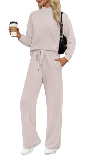 WIHOLL Two Piece Sets for Women - Khaki - Medium - Casual - Mock Neck Long Sleeve Top & Wide Leg Pants with Pockets - Perfect for Travel, Home, Sports & Casual Occasions - Image 1