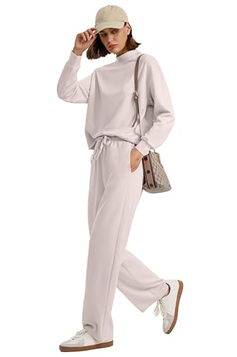 WIHOLL Two Piece Sets for Women - Khaki - Medium - Casual - Mock Neck Long Sleeve Top & Wide Leg Pants with Pockets - Perfect for Travel, Home, Sports & Casual Occasions - Image 3