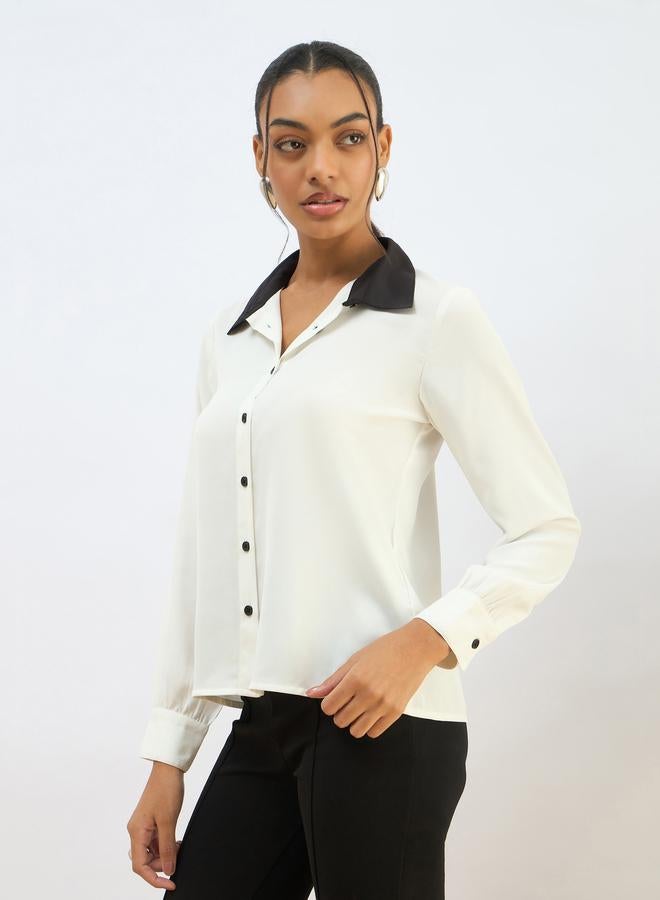 ساسافراس قميص بأزرار بياقة بيضاء متباينة بقصة عادية - Image 3