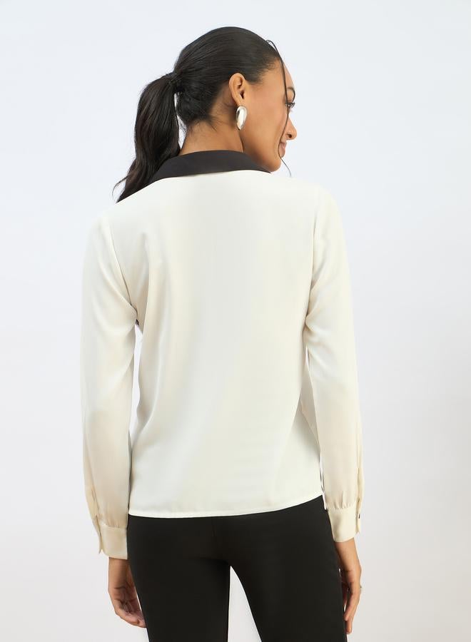 ساسافراس قميص بأزرار بياقة بيضاء متباينة بقصة عادية - Image 5