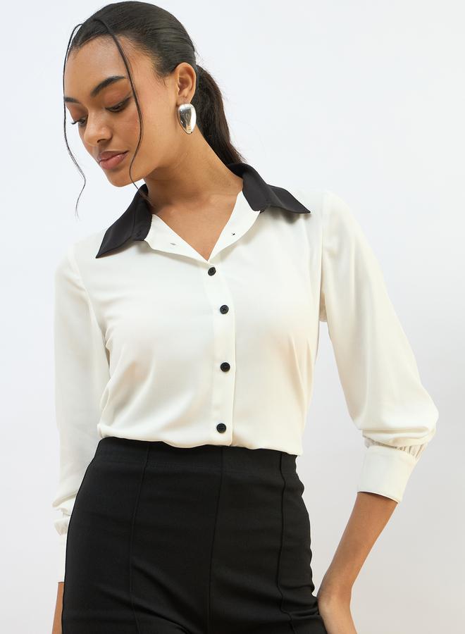 ساسافراس قميص بأزرار بياقة بيضاء متباينة بقصة عادية - Image 1