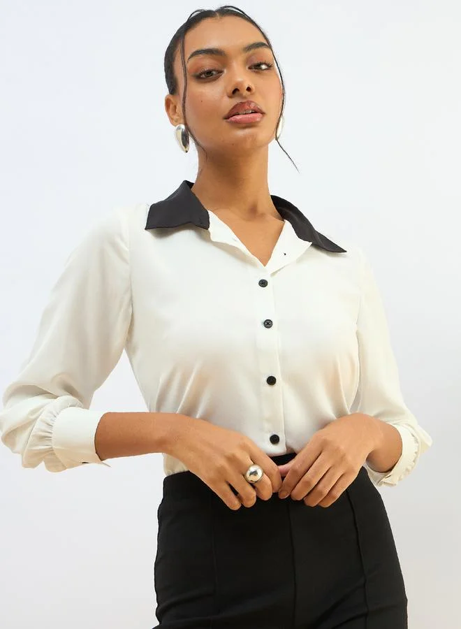 SASSAFRAS Sassafras White Contrast Collar Regular Fit Buttoned Shirt