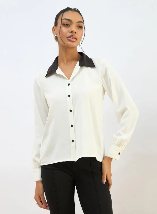 SASSAFRAS Sassafras White Contrast Collar Regular Fit Buttoned Shirt