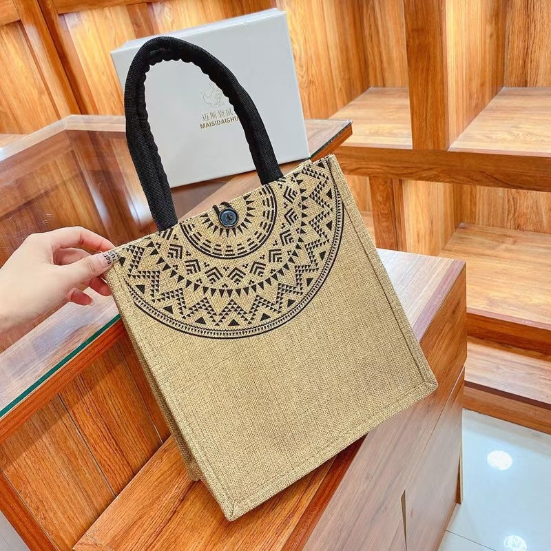 Retro Handbag Natural Linen Simple Shopping Bag Linen Jute Handbag Souvenir Zipper - Image 2