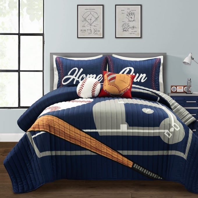 BASEBALL GAME REVERSIBLE OVERSIZED KIDS 5 PIECE QUILT SET FULLQUEEN NAVY GRAY