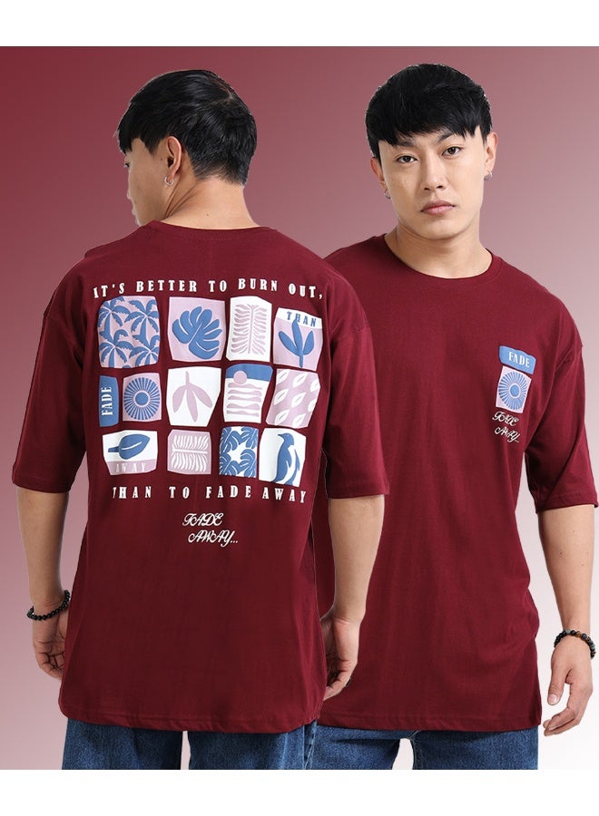 QUCO Maroon Oversized Printed T-Shirt for Men - Image 1