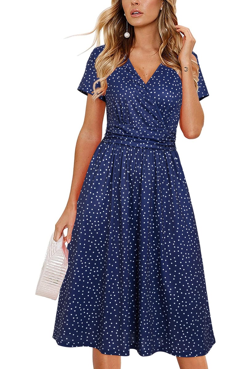 OUGES Casual Spring Summer Dress for Women 2026 Wrap V Neck A Line Midi Party Dresses with Pockets(FloralZ34,XL) - Image 1