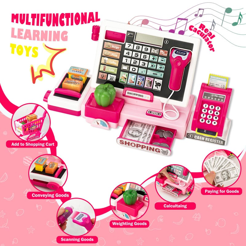 VROGTIK Kids Cash Register Toy with Shopping Cart Toddler Pretend Play Store Cashier Register for Kids with Music / Real Calculator / Scanner Learning Toys for Girls Birthday Gift for 3-8 Year Old Girl - Image 2
