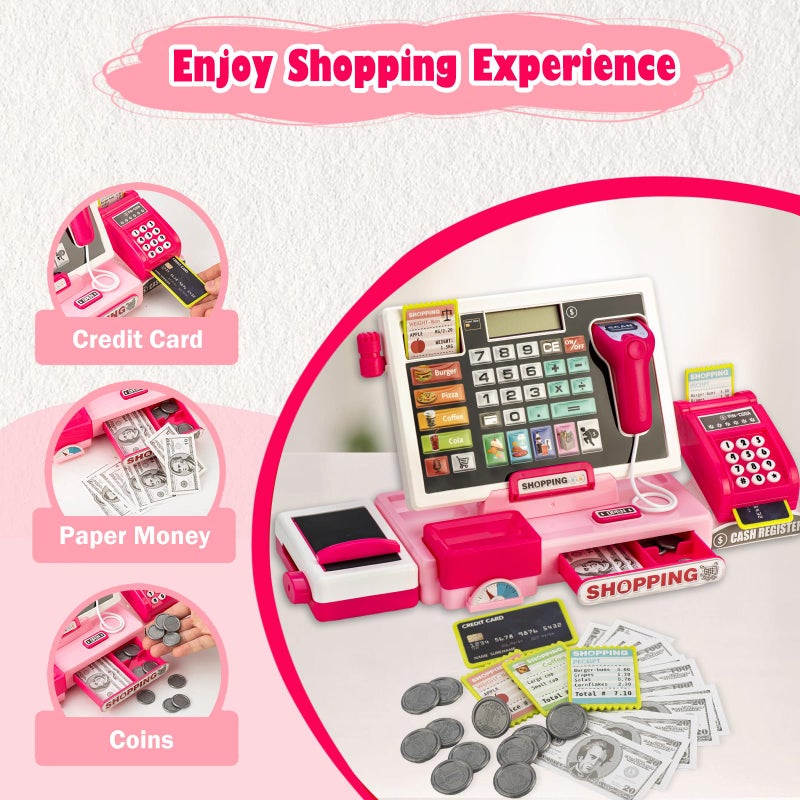 VROGTIK Kids Cash Register Toy with Shopping Cart Toddler Pretend Play Store Cashier Register for Kids with Music / Real Calculator / Scanner Learning Toys for Girls Birthday Gift for 3-8 Year Old Girl - Image 5