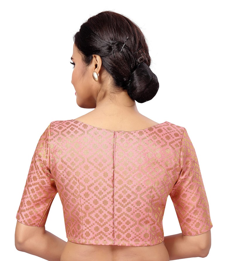Studio Shringaar Women's Readymade Brocade Elbow Length Sleeves Saree Blouse (Light Pink, 44) - Image 4
