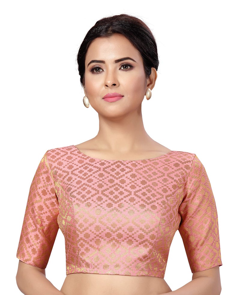 Studio Shringaar Women's Readymade Brocade Elbow Length Sleeves Saree Blouse (Light Pink, 44) - Image 1