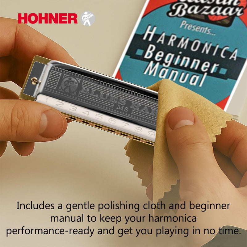Hohner 532 Blues Harp MS Harmonica - Key of C Bundle with Case, Pouch, Austin Bazaar Online Manual, and Polishing Cloth - Image 3