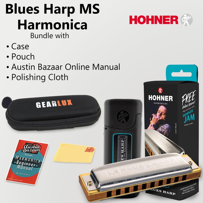 Hohner 532 Blues Harp MS Harmonica - Key of C Bundle with Case, Pouch, Austin Bazaar Online Manual, and Polishing Cloth - Image 2
