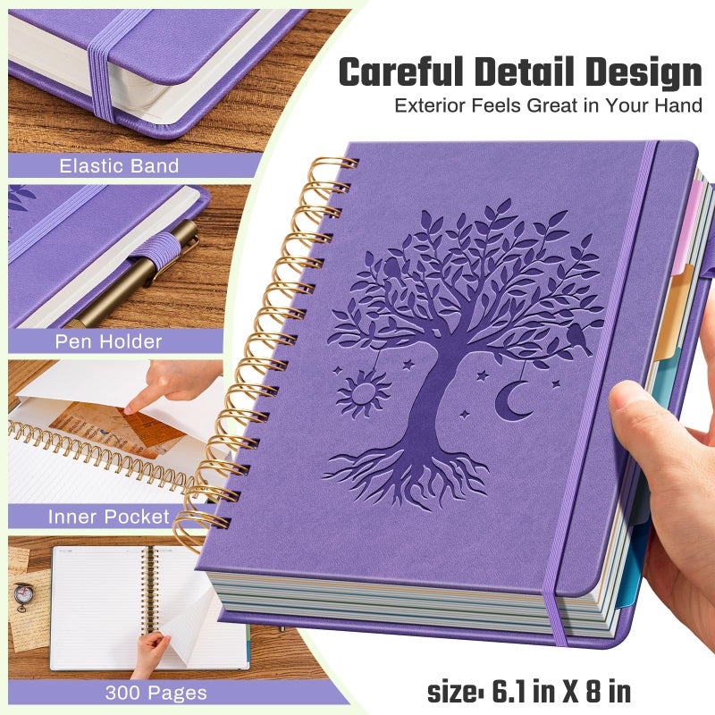 Ovesmusl Hardcover Spiral Notebook 6.1" x 8.4" with 5 Removable Dividers 300 Pages Leather 5 Subject Notebook College Ruled 100GSM Large Spiral Notebooks for Work Thick Lined Journal for Women, Purple - Image 3