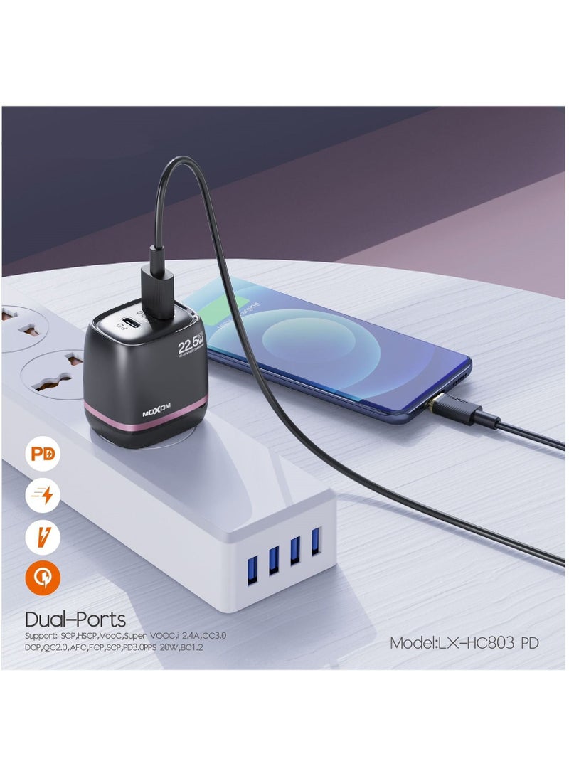 MOXOM 22.5W Dual Port Charger With PD Support Black LX-HC803 PD - Image 3