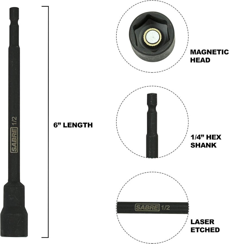 Sabre Tools 1/2 Inch Impact Magnetic Nut Driver – 6 Inch Length, 1/4 Inch Hex Shank, Magnetic Socket Tip (1/2” SAE) - Image 1
